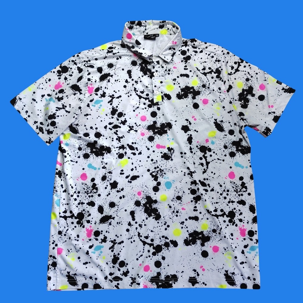 Sunday Swagger Polo Shirt Mens XL White Paint Splatter Neon Stretch Golf